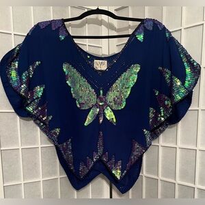 FREE PEOPLE Navy Blue Green Purple Sequin Butterfly Top